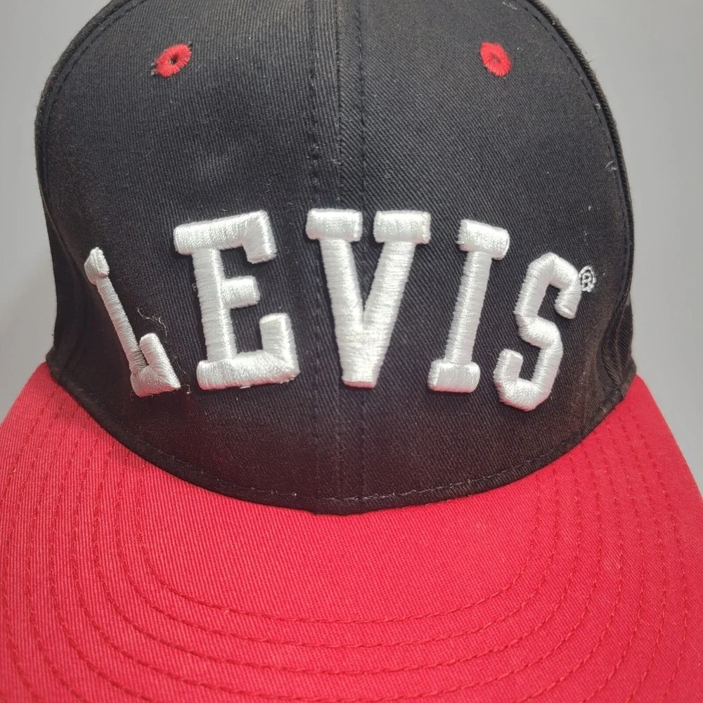 Levi's Snapback Cap Hat Mens Red Black Cotton Spell Out White Embroidered Logo